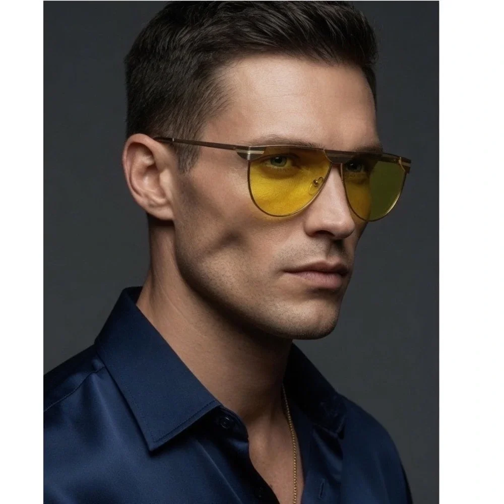 Mens Gold Sunglasses Yellow Tinted Lens Flat Top Metal Frame Shades Hip Hop 2026